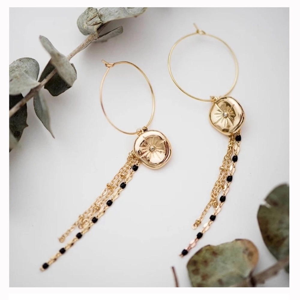 Star Dangles Earrings Medallion Beads Hoops Earrings Gold Black